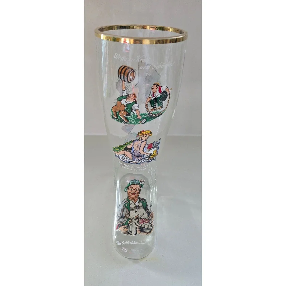Vintage German Beer Boot Glass Gold Rim Humorous Bavarian‎ Illustrations 9 Inch